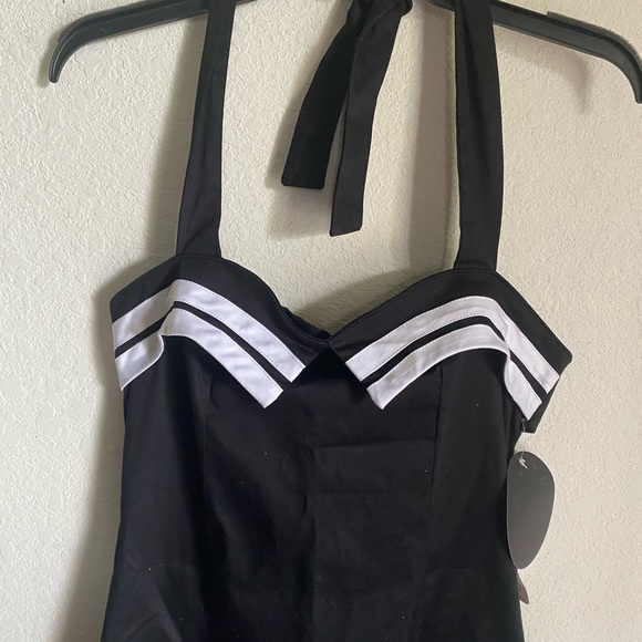 Collectif Retro Sailor Halter Rockabilly Straight Pencil Pin Up Black Dress 10 - Picture 6 of 16